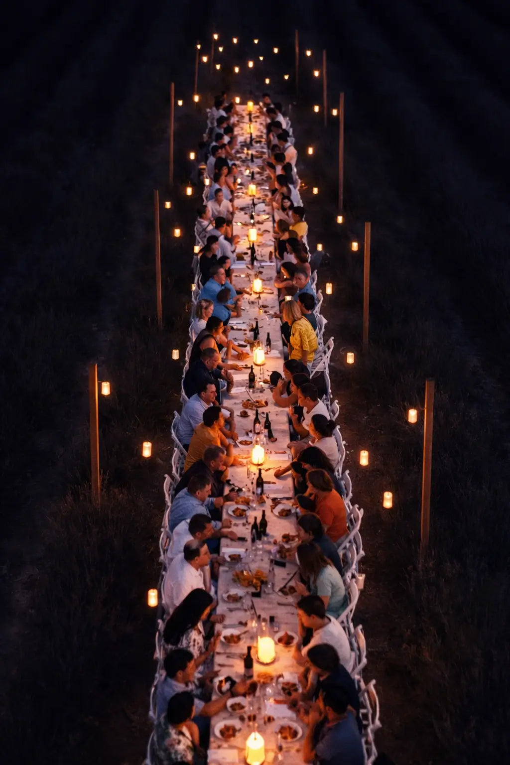 Les banquets d'été de Terre Ugo, un évènements au cœur des lavandes. Vue de haut pendant le soir. 