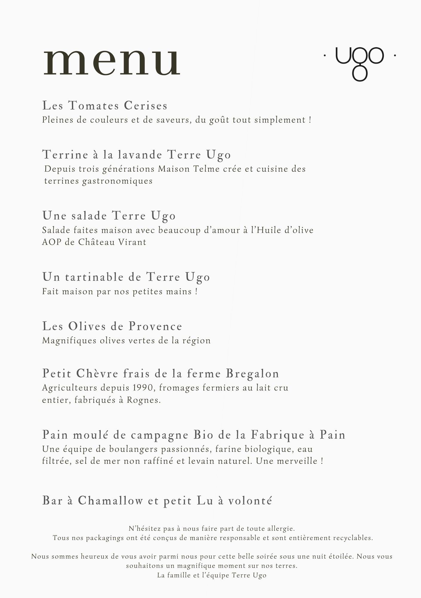Menu mixte proposé pour les soirées Lavender Night au domaine Terre Ugo.