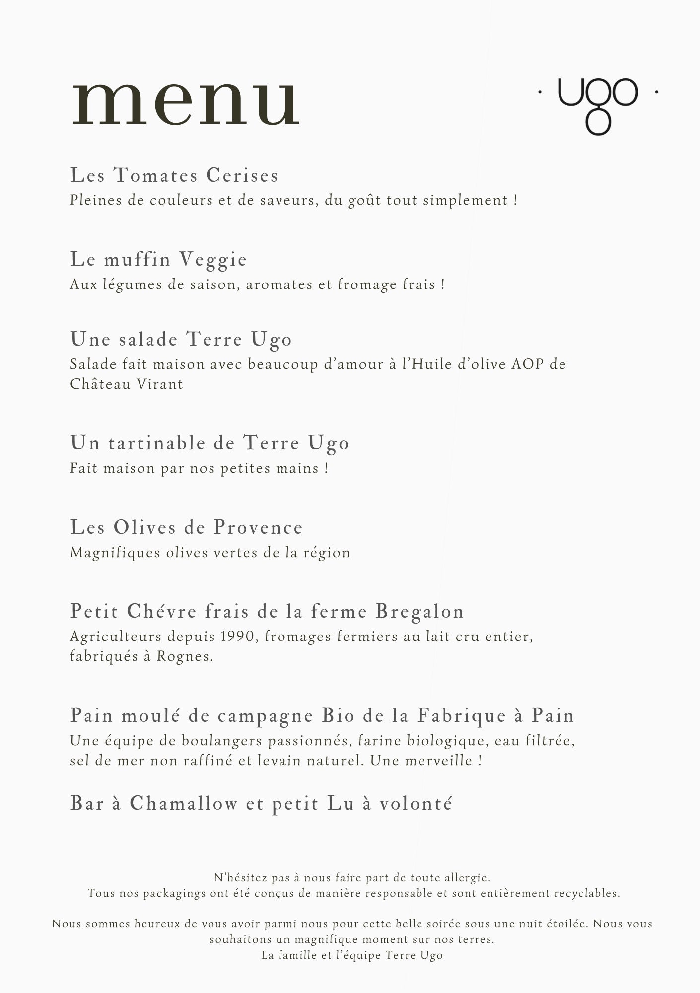 Menu végétarien proposé pour les soirées Lavender Night au domaine Terre Ugo.