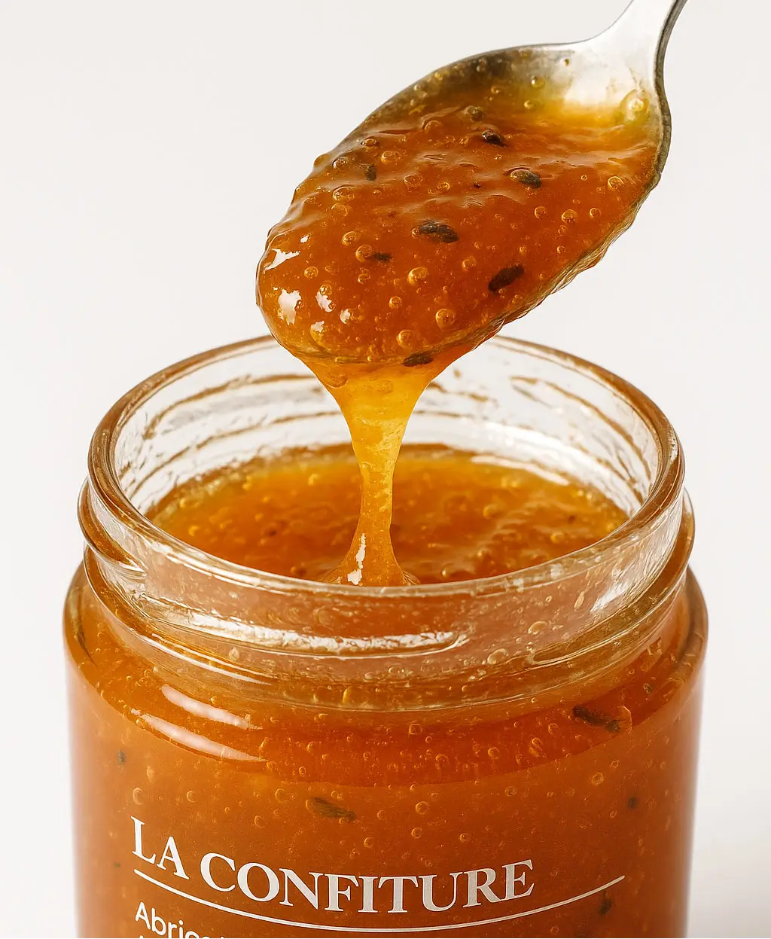 Confiture abricot e lavande bio, vue de près. 