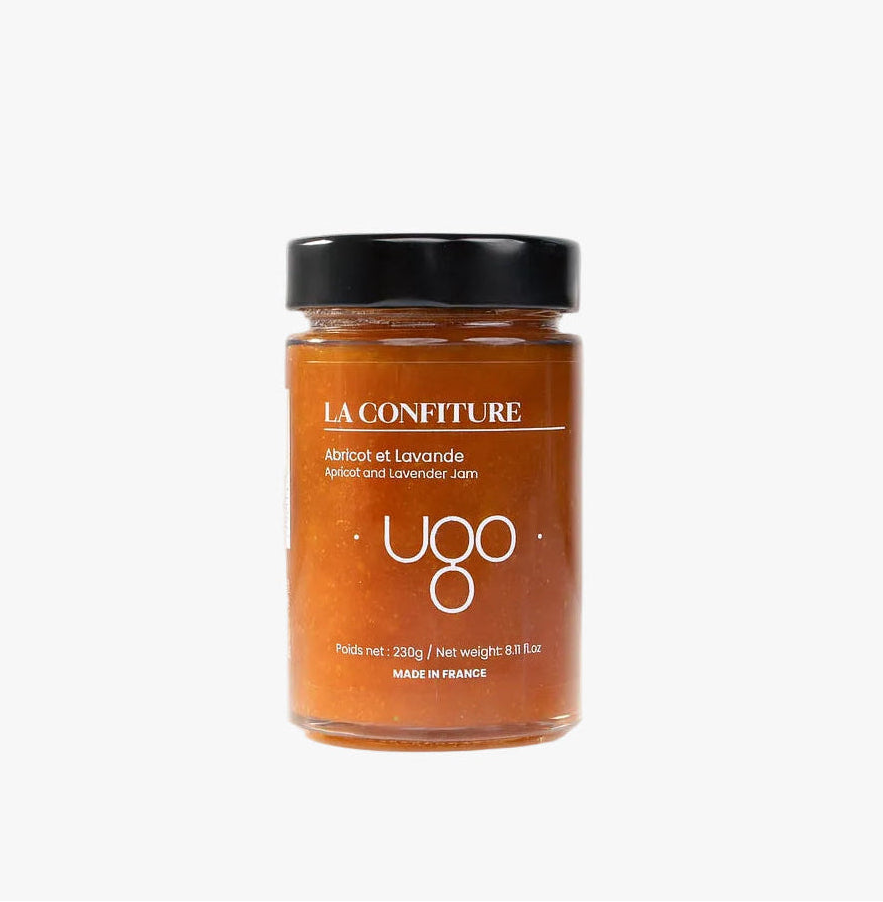 Confiture bio abricot et lavande Terre Ugo, vue de face.