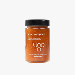 Confiture bio abricot et lavande Terre Ugo, vue de face.
