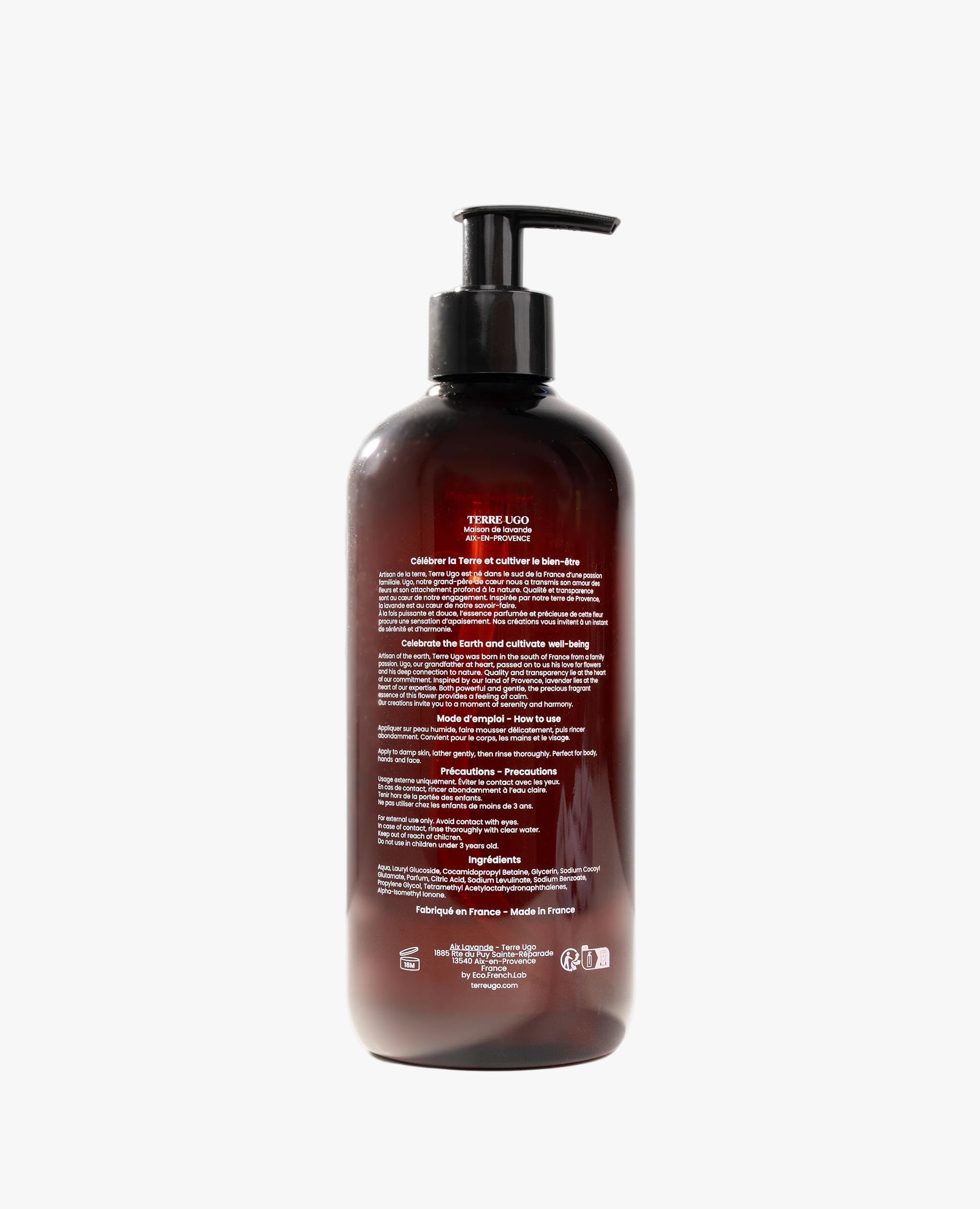 Fluide lavant Terre Ugo en flacon ambré, vue arrière avec les ingrédients et informations produit.