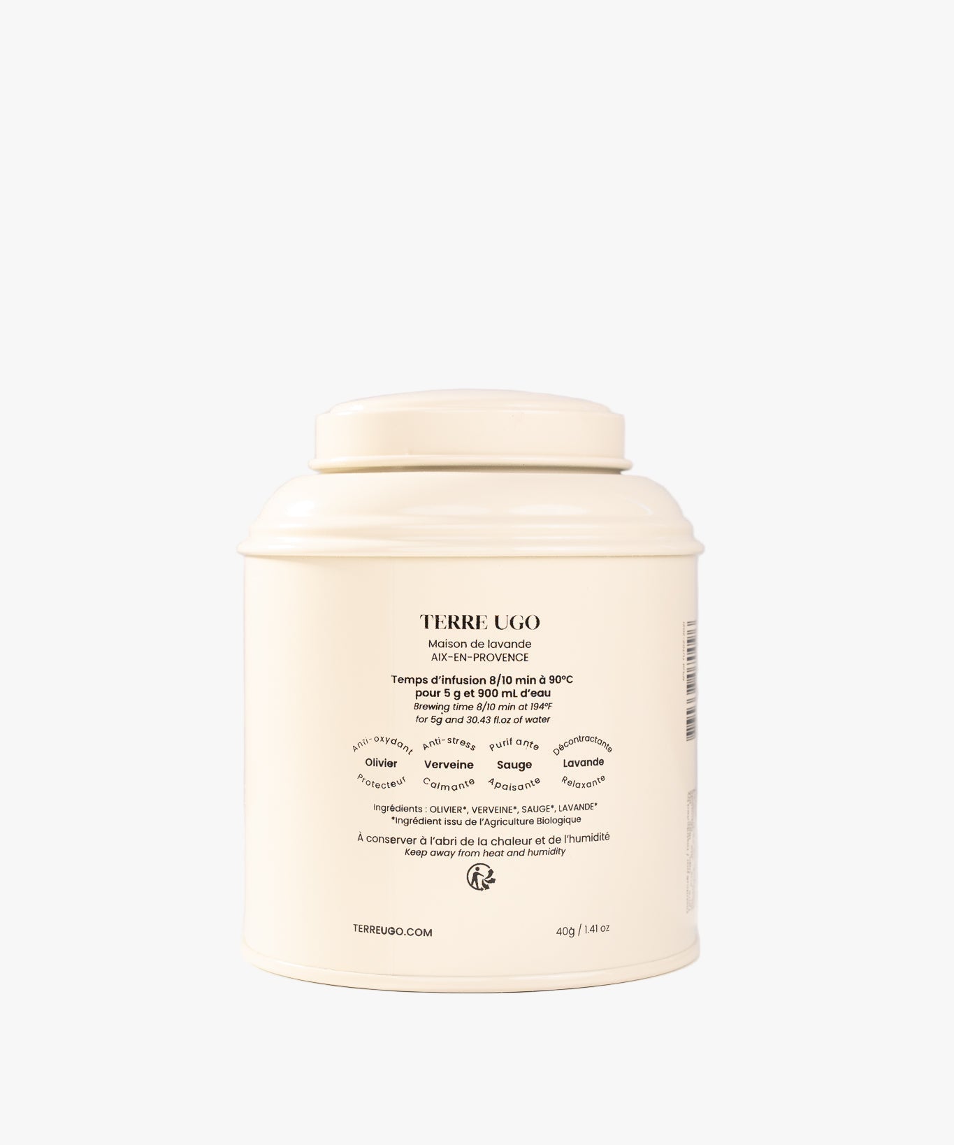 Infusion Les Grillons Heureux Terre Ugo, format standard, vue arrière avec informations produit.