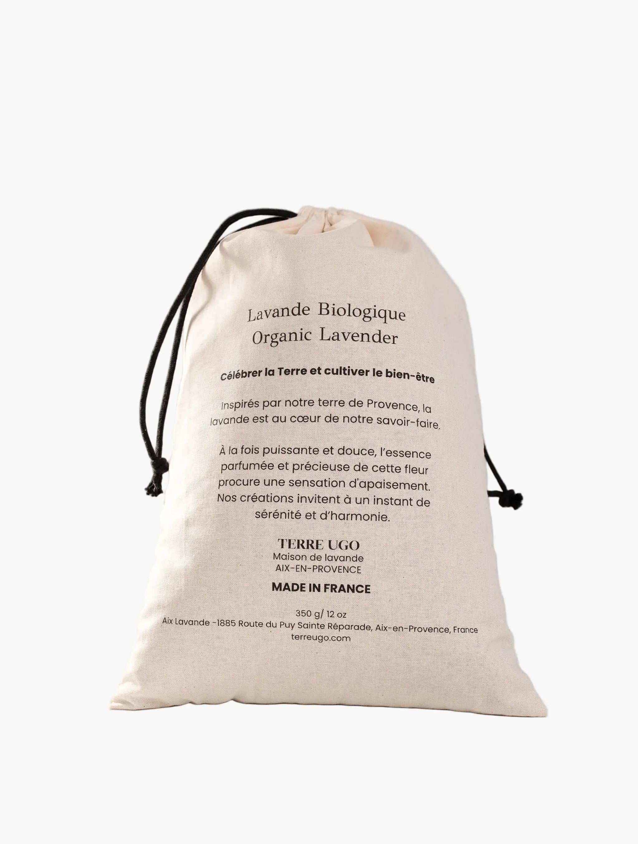 Pochon de lavande Terre Ugo, vue arrière avec texte imprimé.
