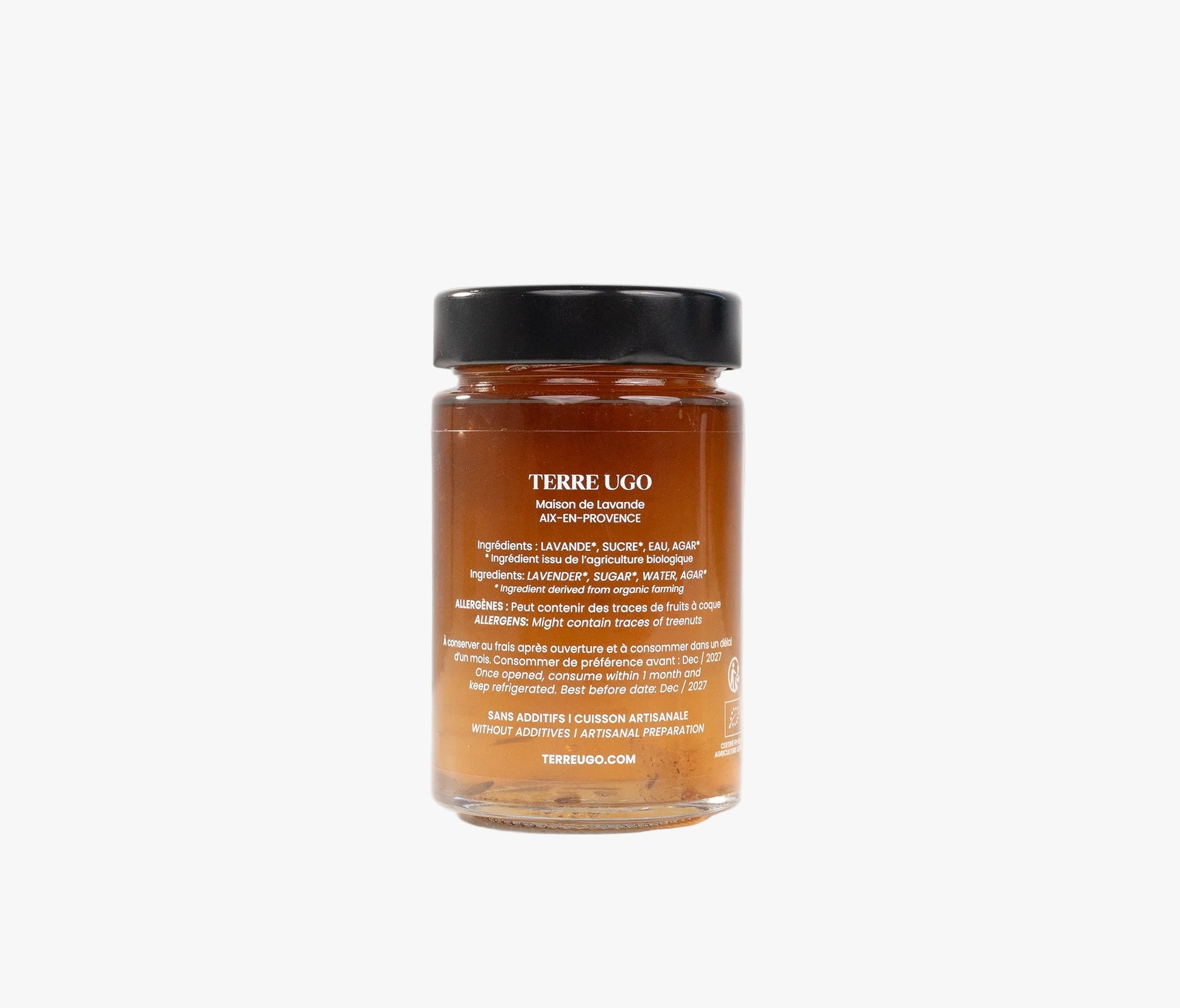 Gelée bio à la lavande Terre Ugo, vue arrière avec informations produit.