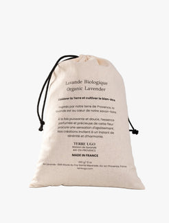 Pochon de lavande Terre Ugo, vue arrière avec texte imprimé.