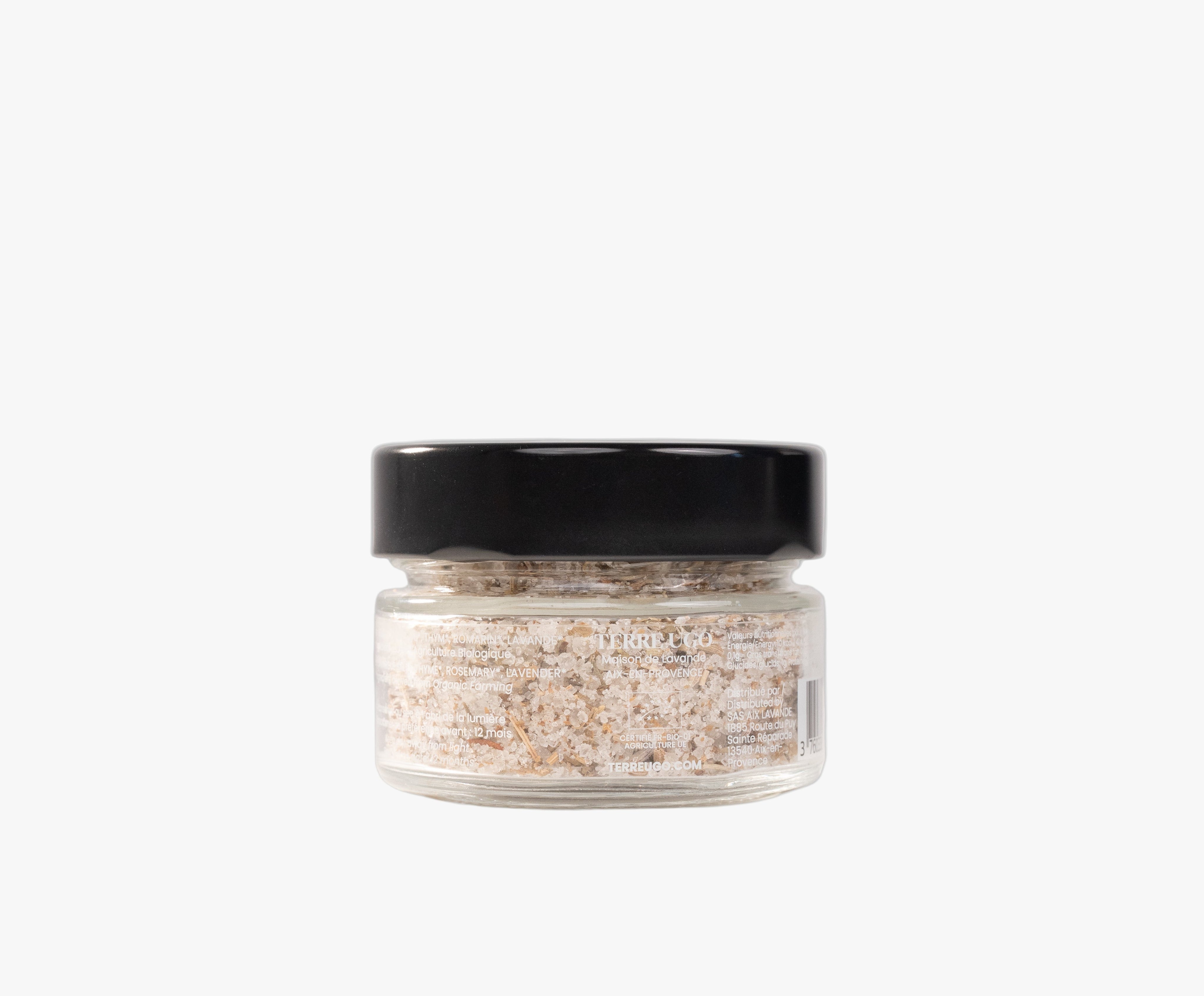 Sel de Provence bio à la lavande Terre Ugo, vue arrière avec informations produit.